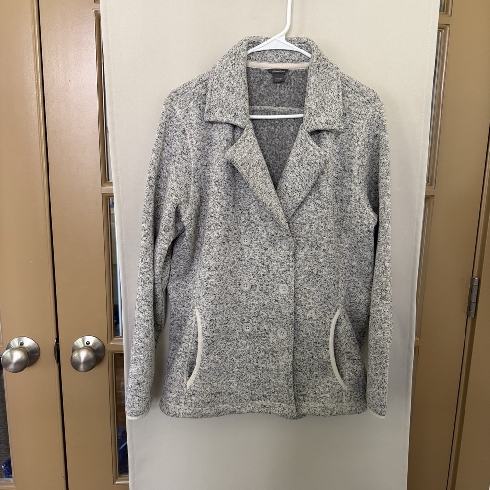Eddie Bauer Womens‎ XL Grey Fleece Peacoat Jacket Buttons Pockets Outdoors